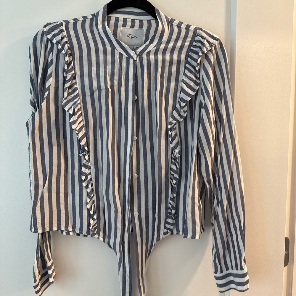 Blue and White Striped Ruffle Blouse